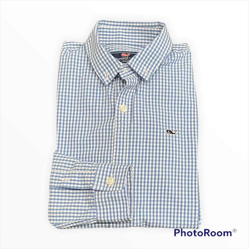 Vineyard Vines boys button down shirt in blue and white checkered, size S (8-10)